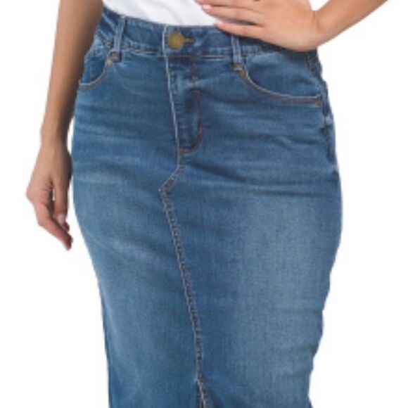 Democracy 10 Skyrise Uneven Yoke Ab Solution Front Slit Release Hem Denim Skirt - Picture 5 of 8